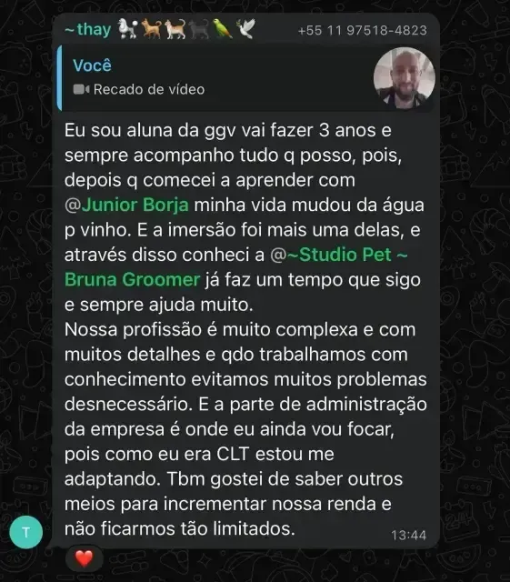 Depoimento de aluno da Graduação Groomer de Valor 3